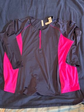 Lane Bryant Navy and Hot Pink Long Sleeve Swim Top - Rashguard